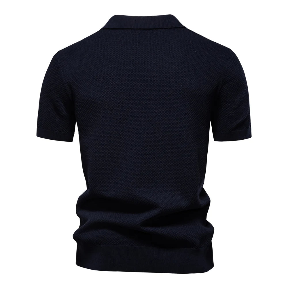 Textured Short Sleeve Polo Shirt with Open Placket Collar