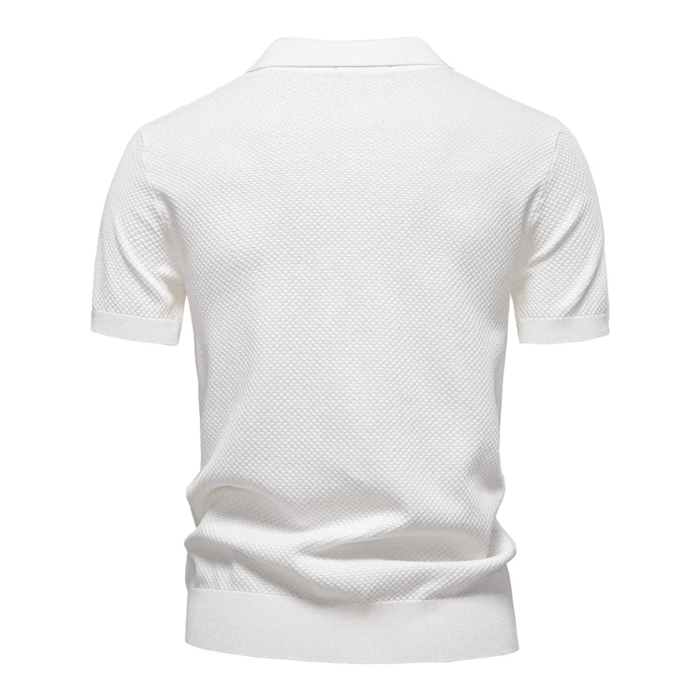 Textured Short Sleeve Polo Shirt with Open Placket Collar