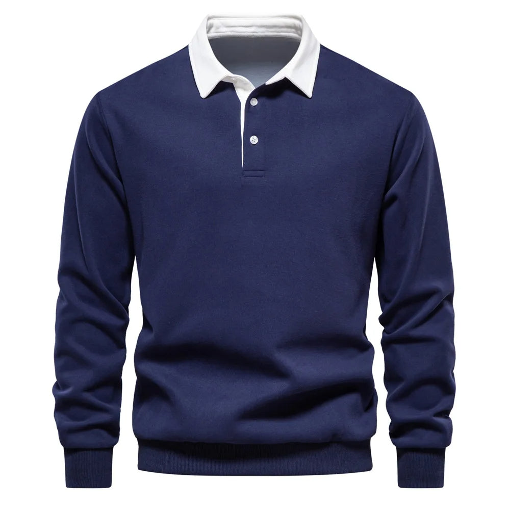 Cotton Blend Pullover Sweatshirt with Polo Neck