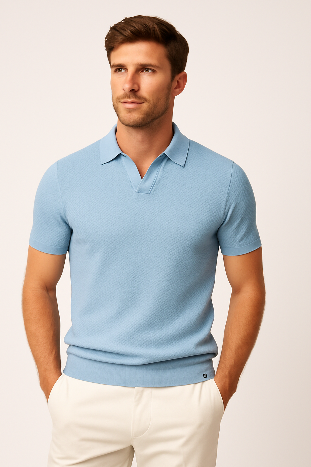 Textured Short Sleeve Polo Shirt with Open Placket Collar