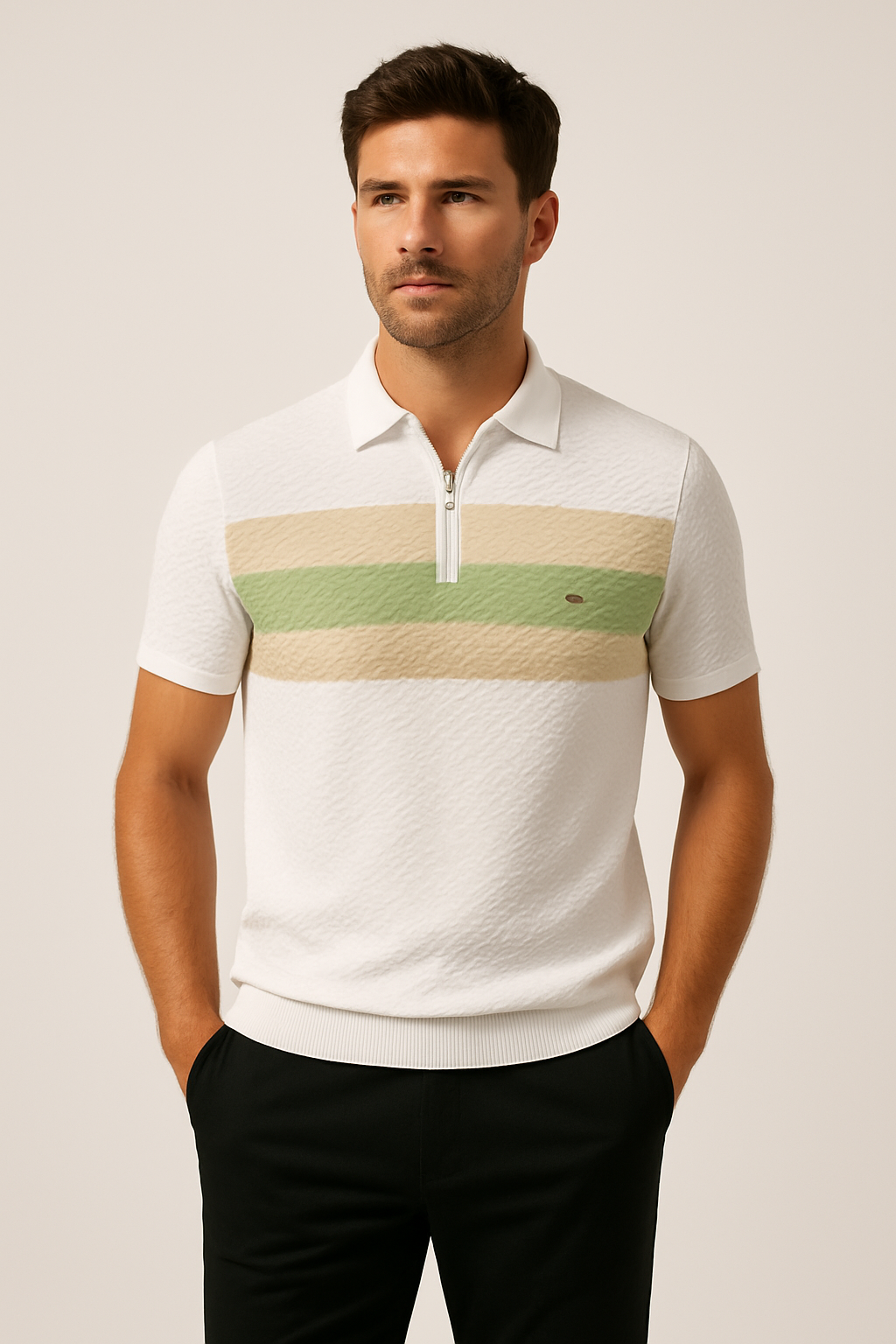 Striped Half Zip Polo Shirt in Short Sleeve