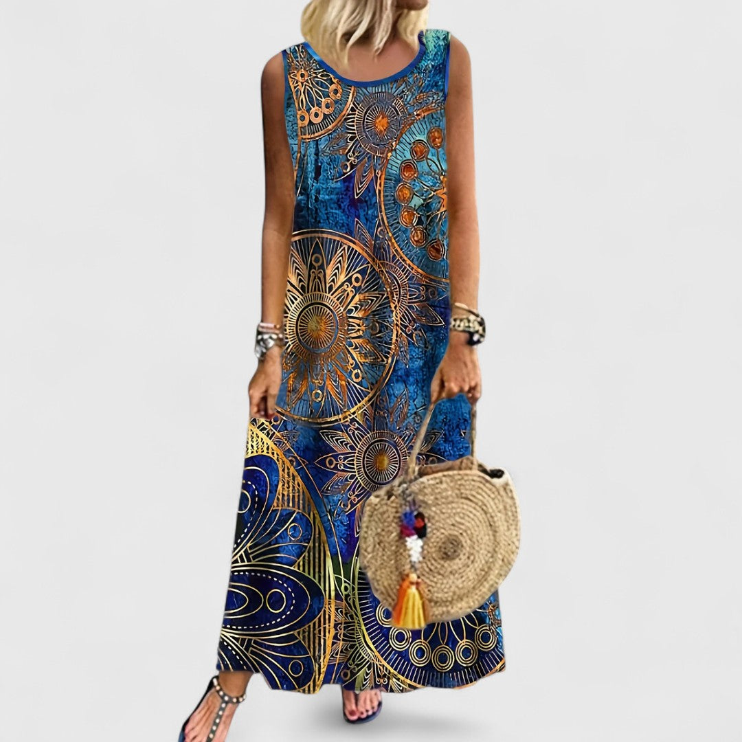 Fenne - Sleeveless Print Tummy Covering Maxi Dress