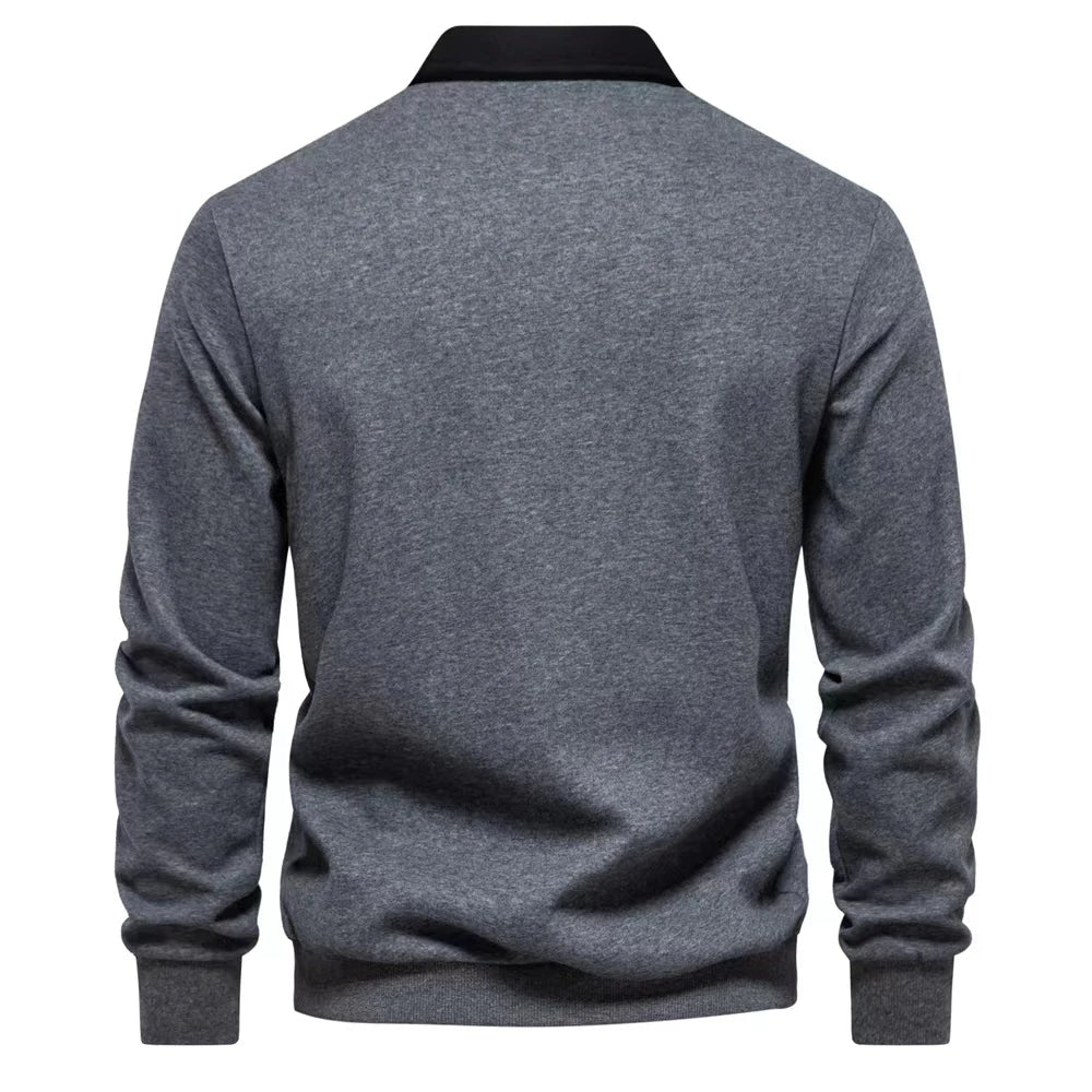 Cotton Blend Pullover Sweatshirt with Polo Neck