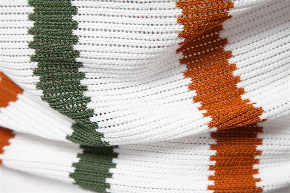 Ribbed Knit Polo Shirt Breathable Striped Casual