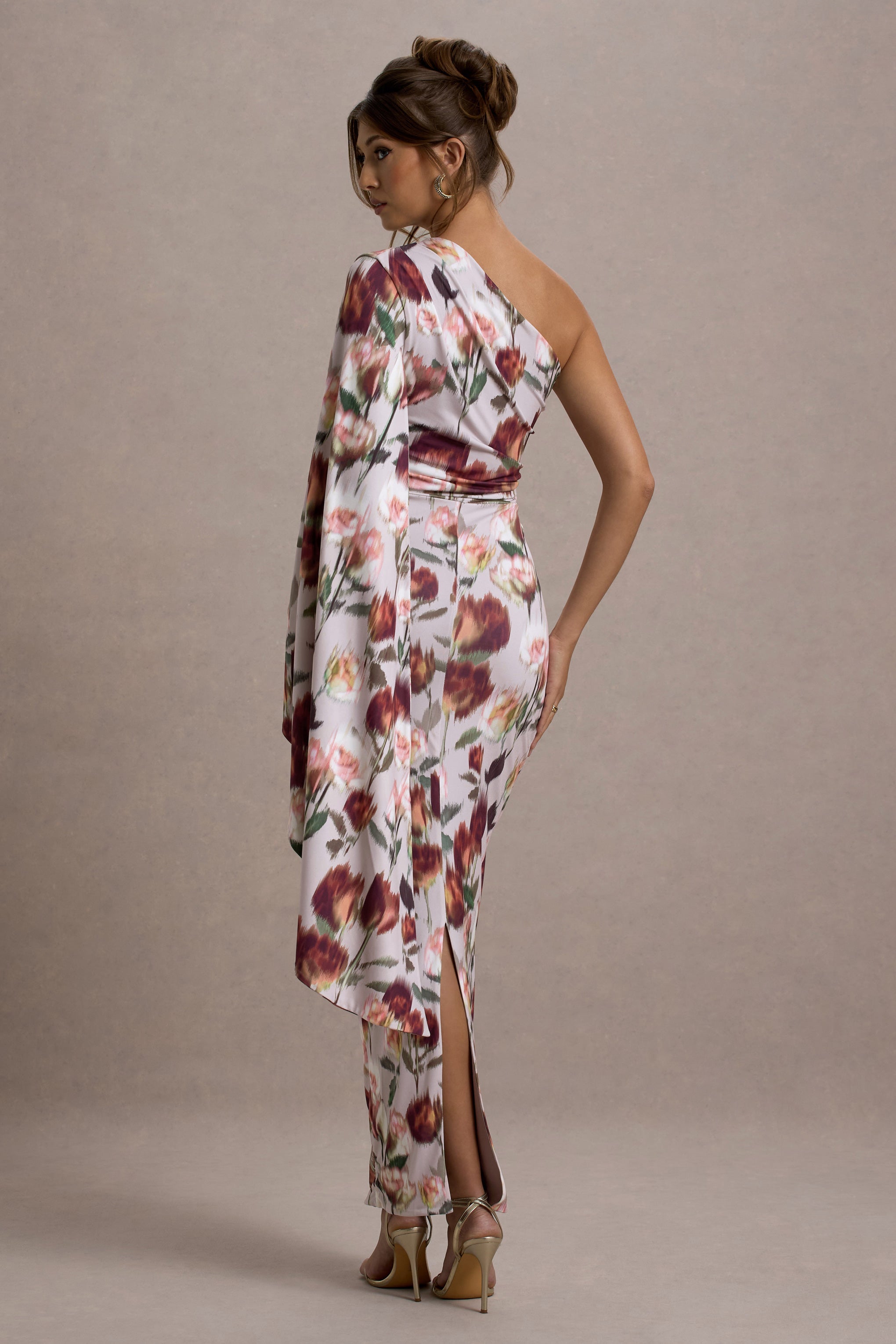 Marlowe & Co | Cream Floral Print Asymmetric Cape Sleeve Maxi Dress