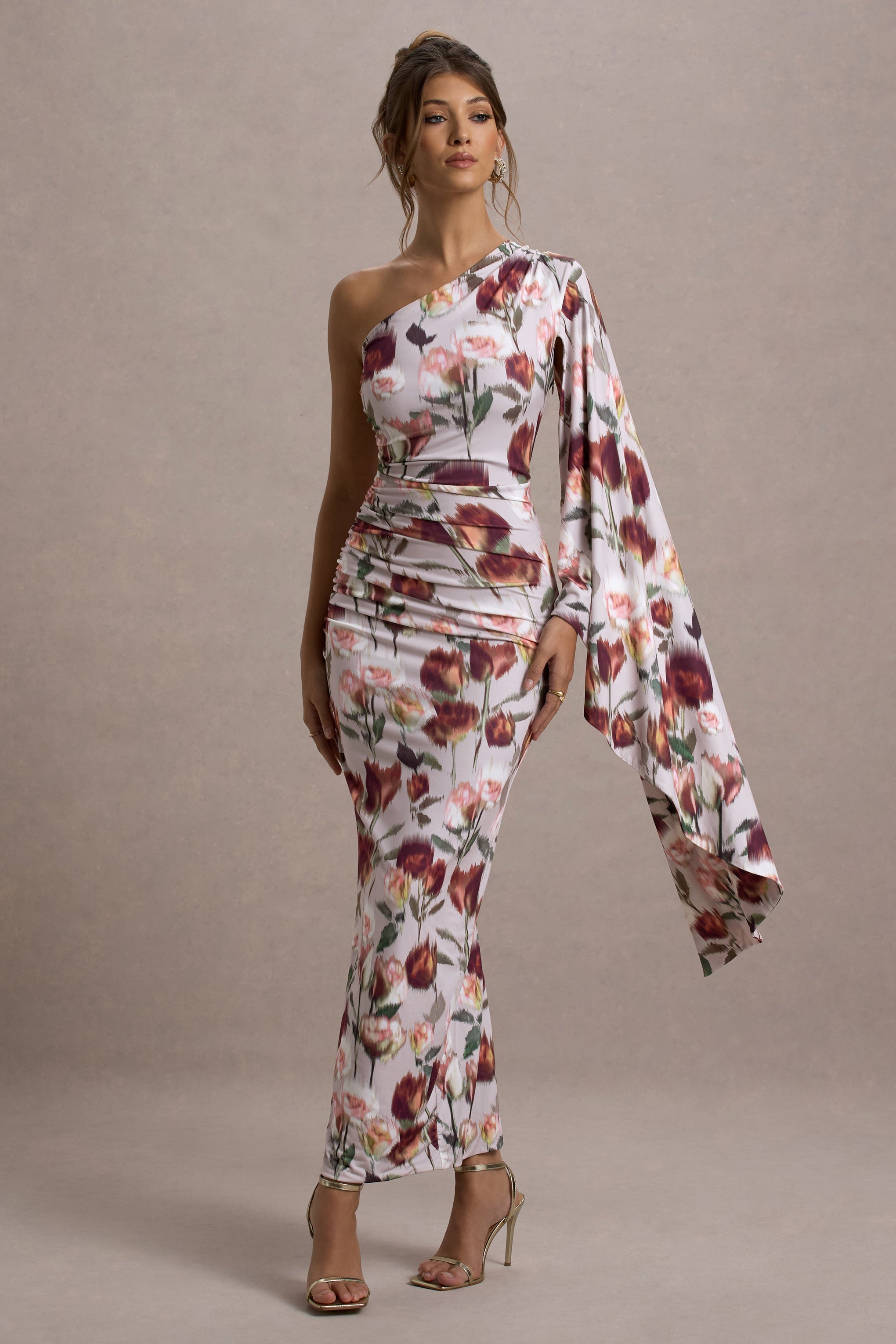 Marlowe & Co | Cream Floral Print Asymmetric Cape Sleeve Maxi Dress