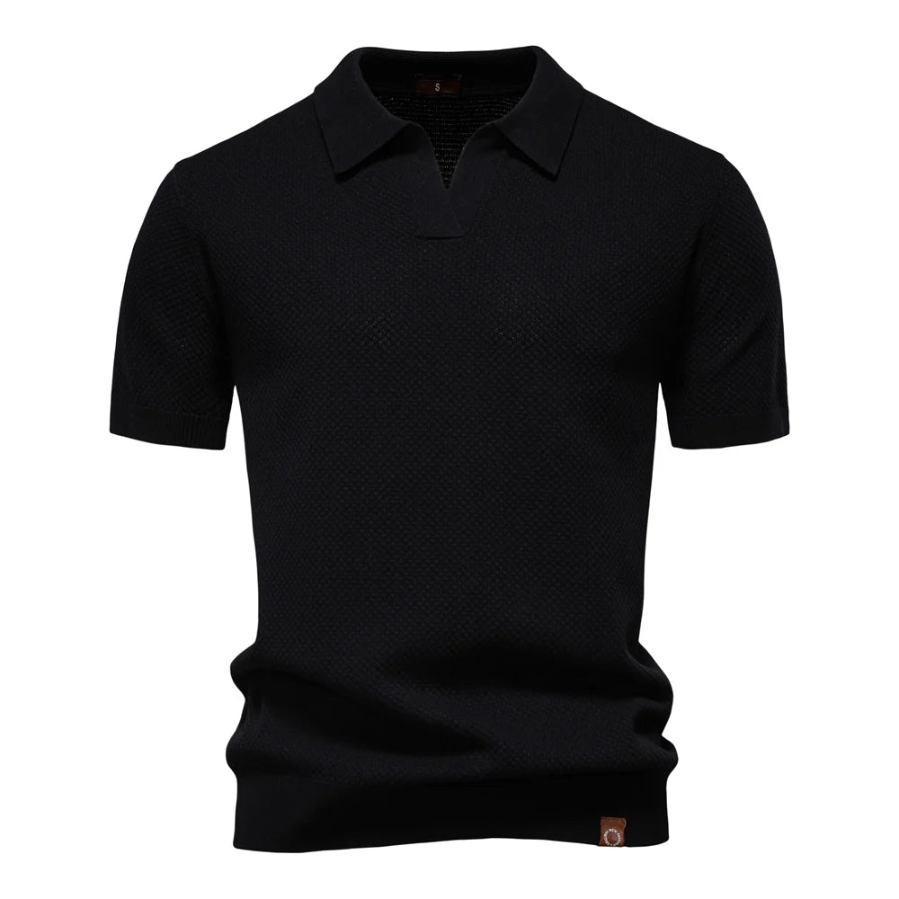 Textured Short Sleeve Polo Shirt with Open Placket Collar