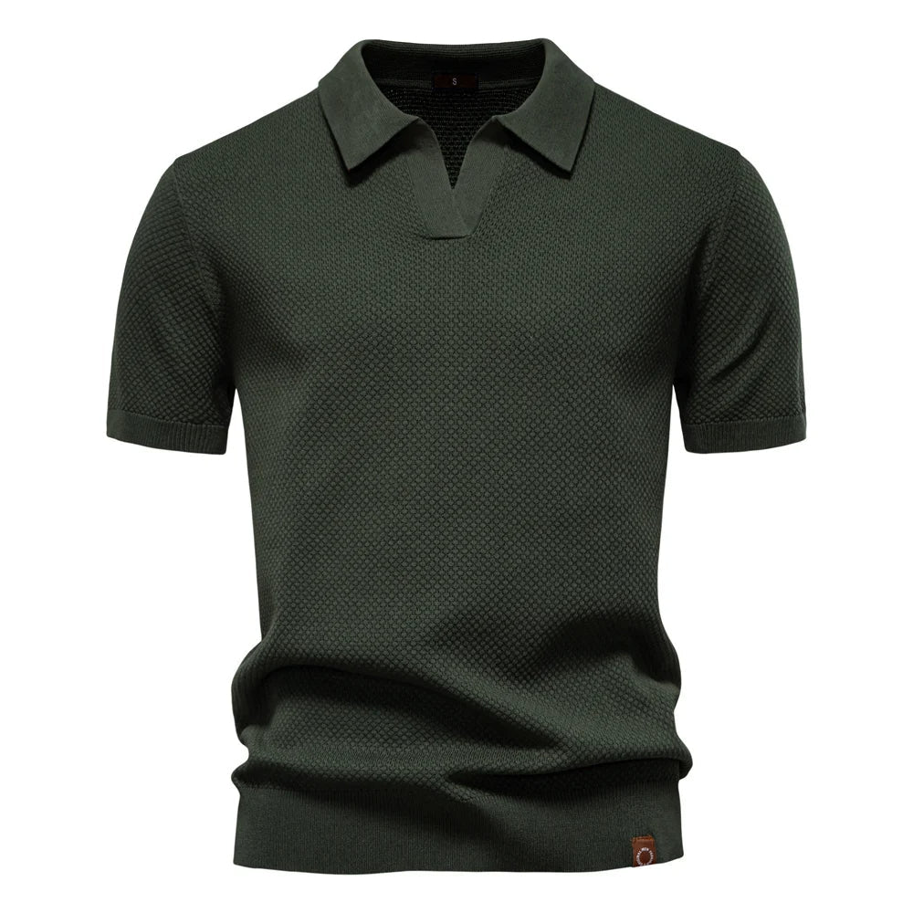 Textured Short Sleeve Polo Shirt with Open Placket Collar