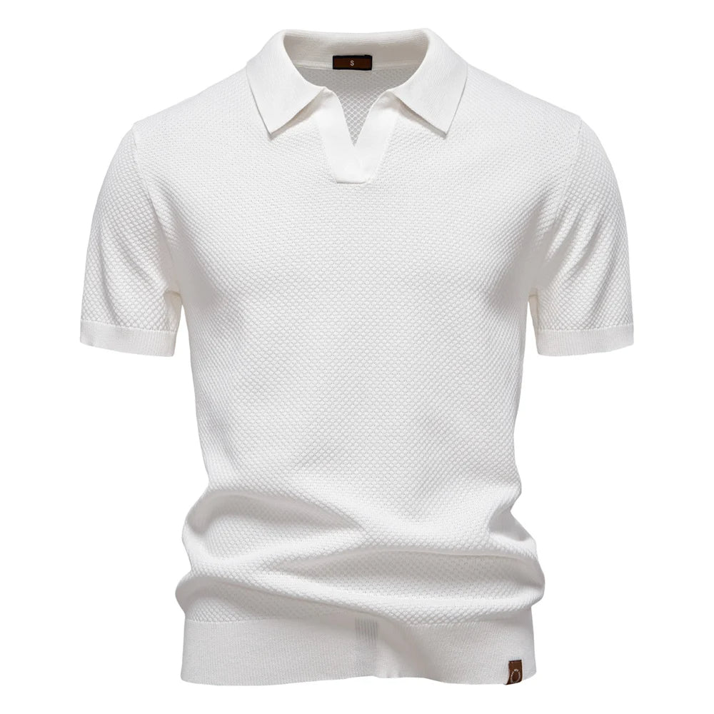 Textured Short Sleeve Polo Shirt with Open Placket Collar