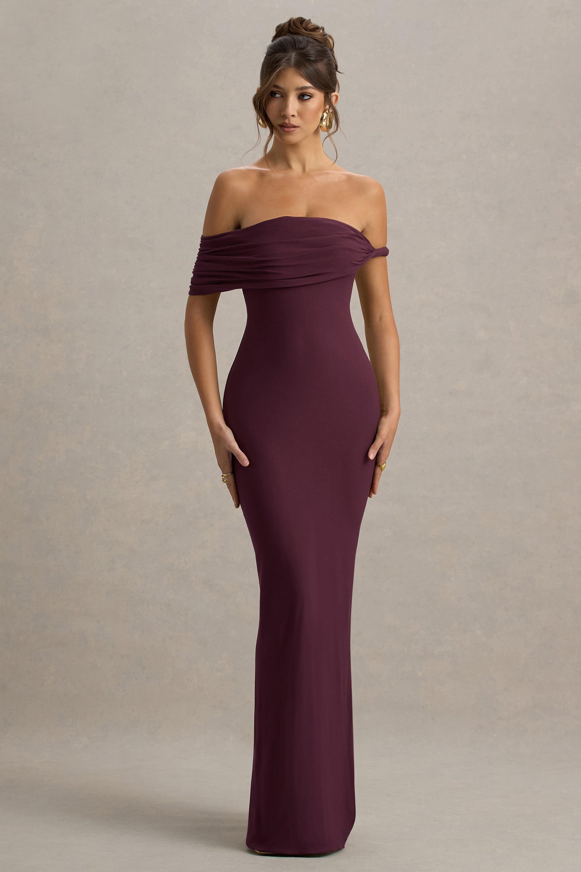 Chloe | Burgundy Twisted Bardot Maxi Dress