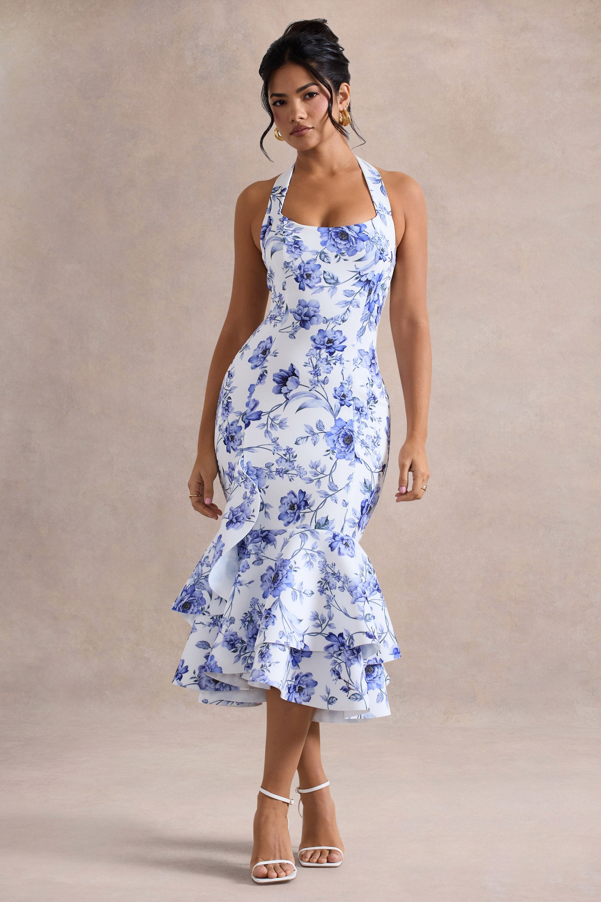 Arla | Blue Floral Print Halter-Neck Ruffle Trim Midi Dress