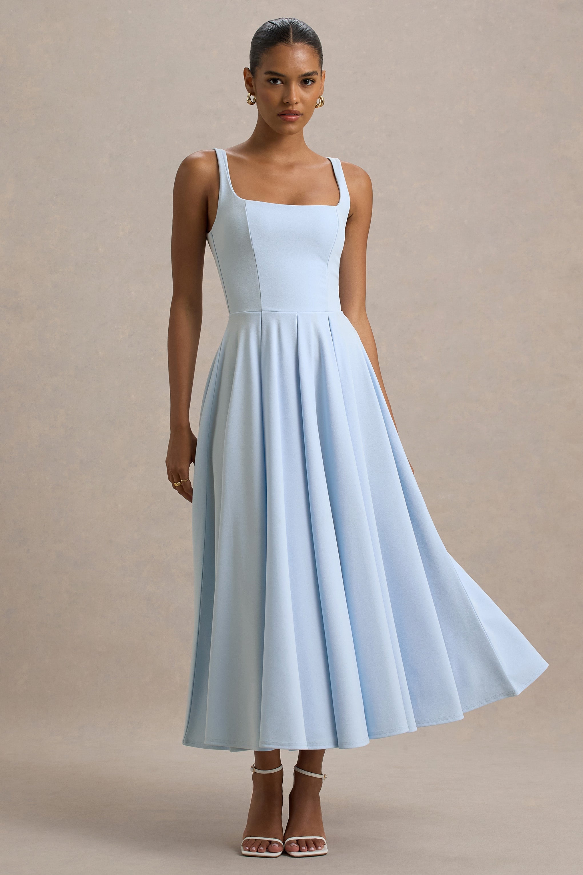 Marlowe & Co | Powder Blue Strappy Volume-Hem Midi Dress