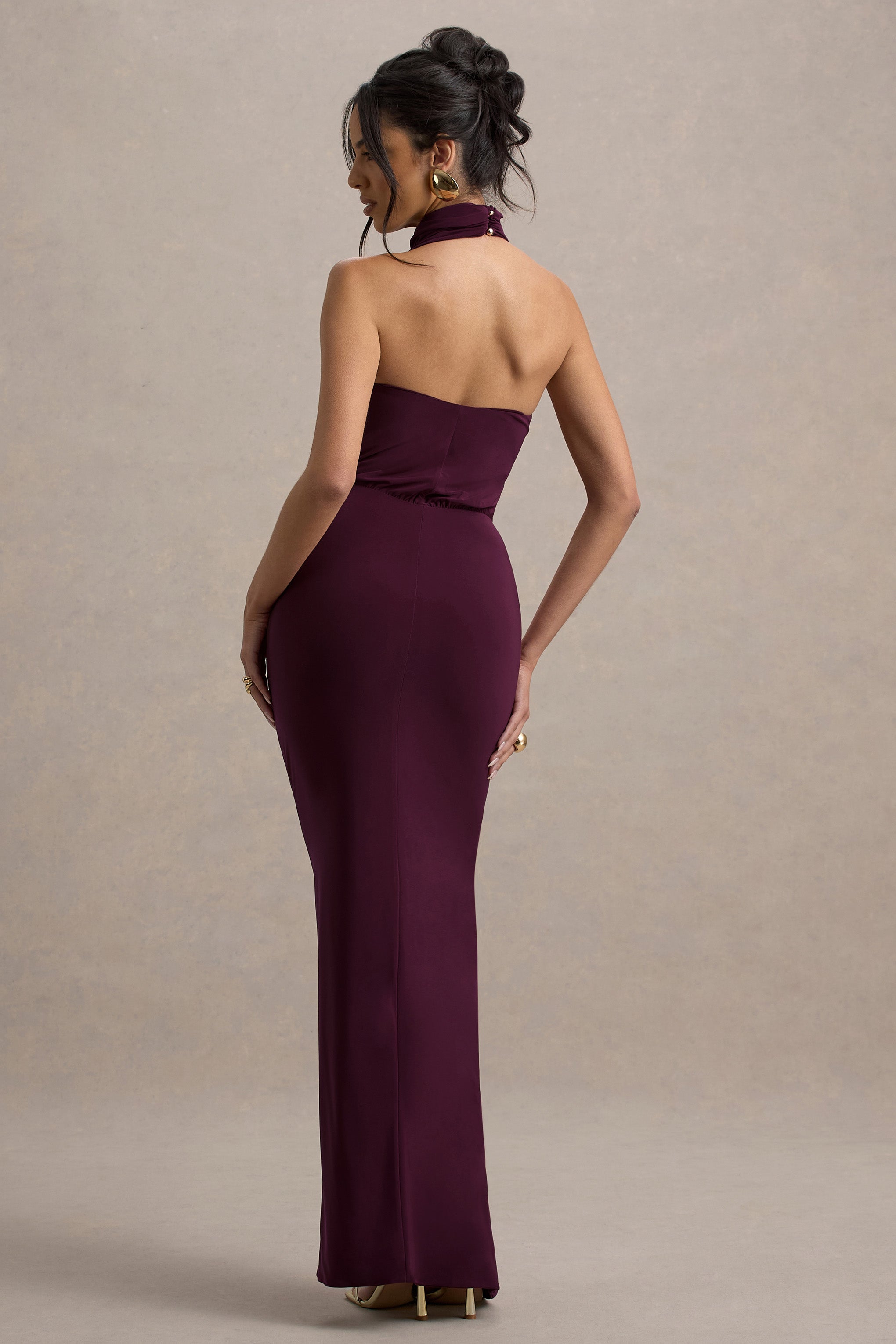Hayden | Burgundy High-Neck Draped Split Maxi Dress