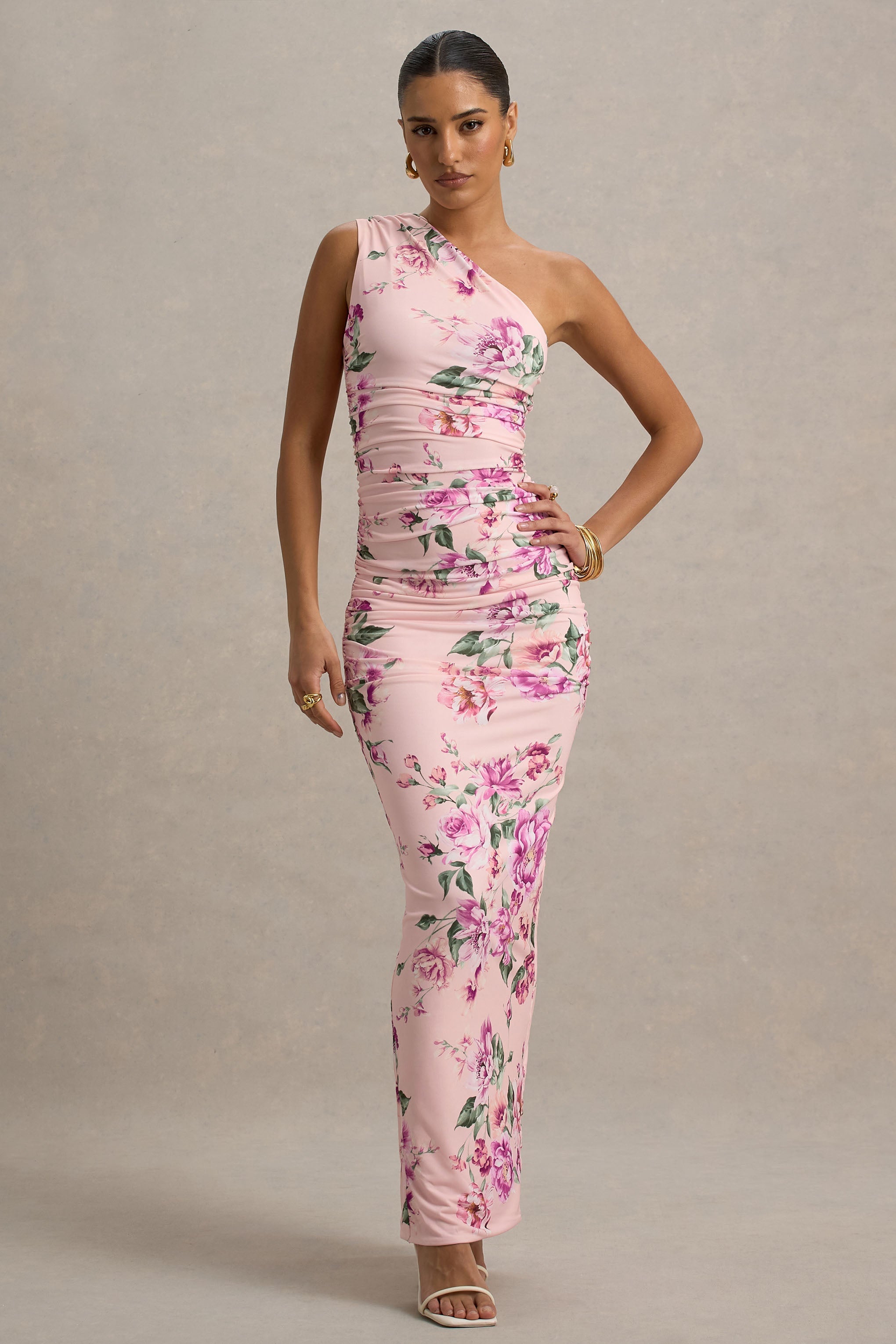 Marlowe & Co | Pink Floral Print One-Shoulder Gathered Maxi Dress