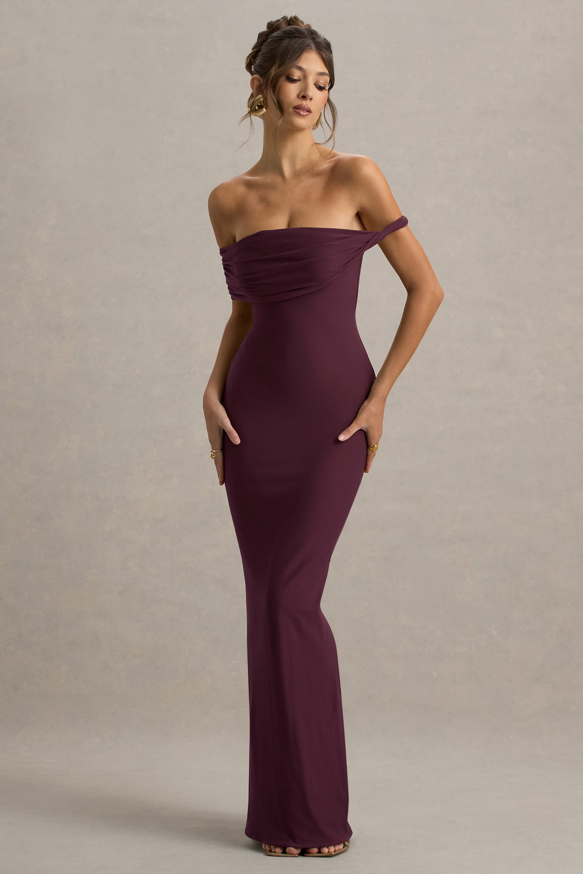 Chloe | Burgundy Twisted Bardot Maxi Dress