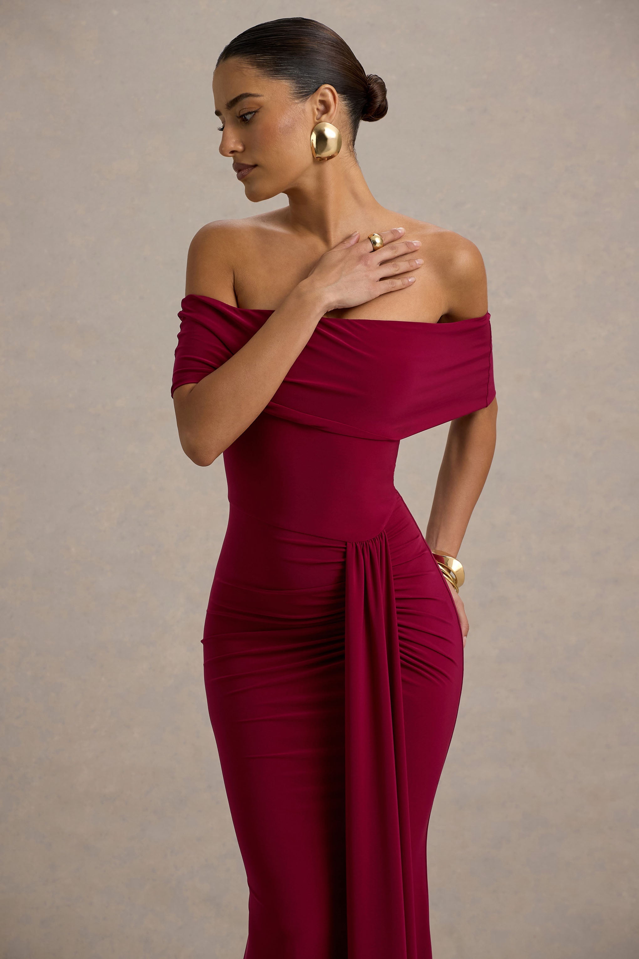 Delma | Burgundy Bardot Maxi Dress With Drape Detail