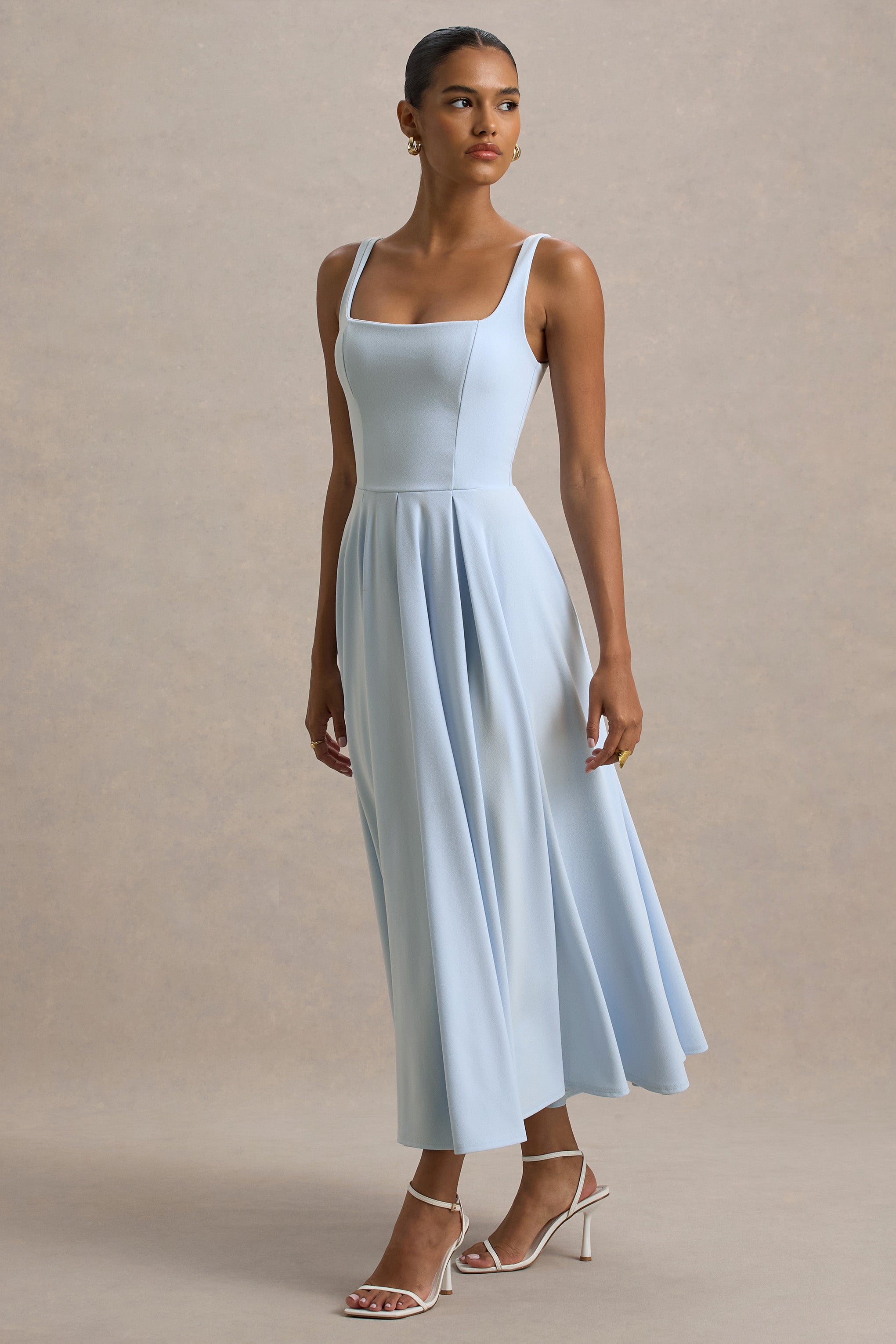 Marlowe & Co | Powder Blue Strappy Volume-Hem Midi Dress