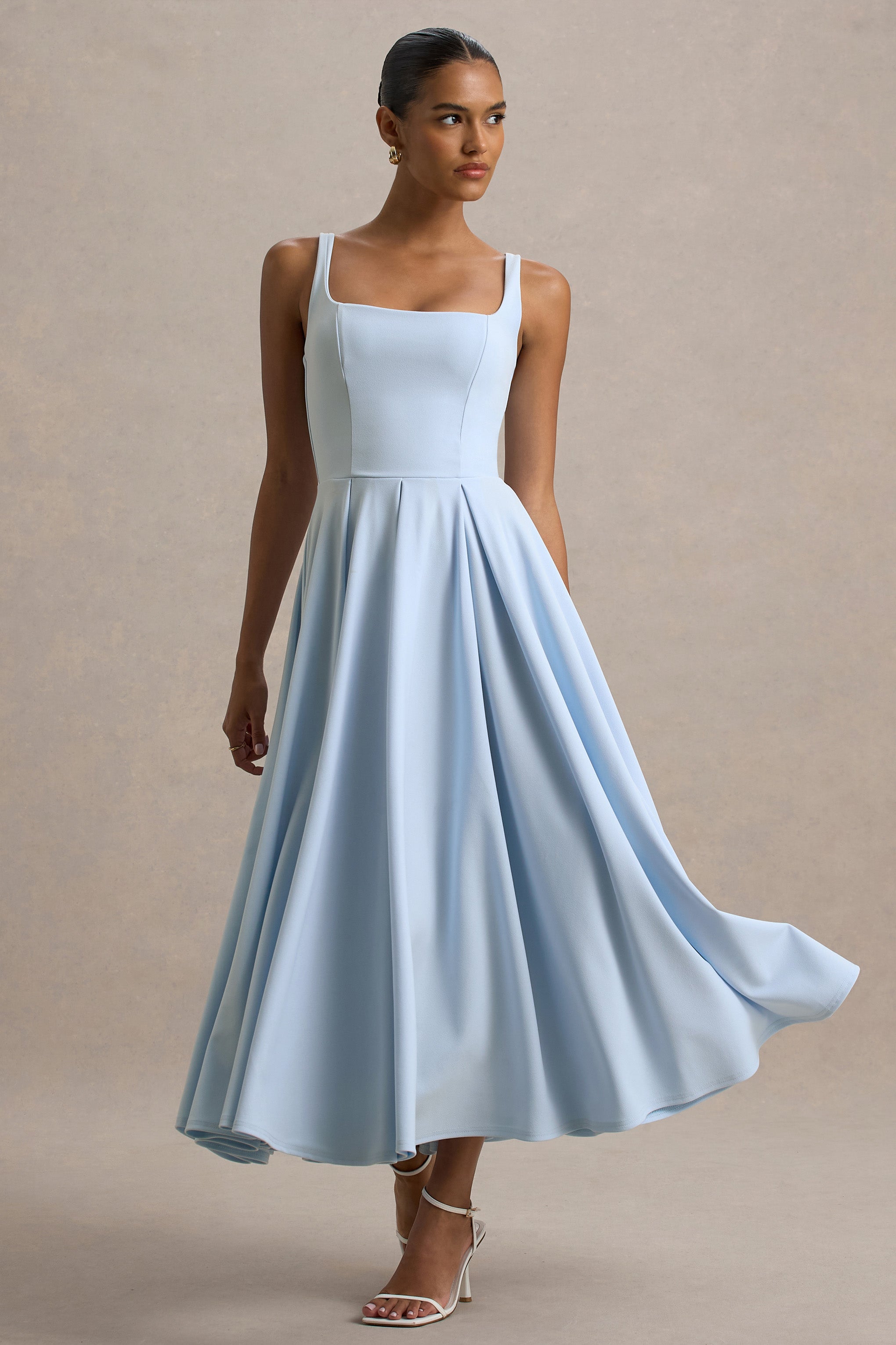 Marlowe & Co | Powder Blue Strappy Volume-Hem Midi Dress