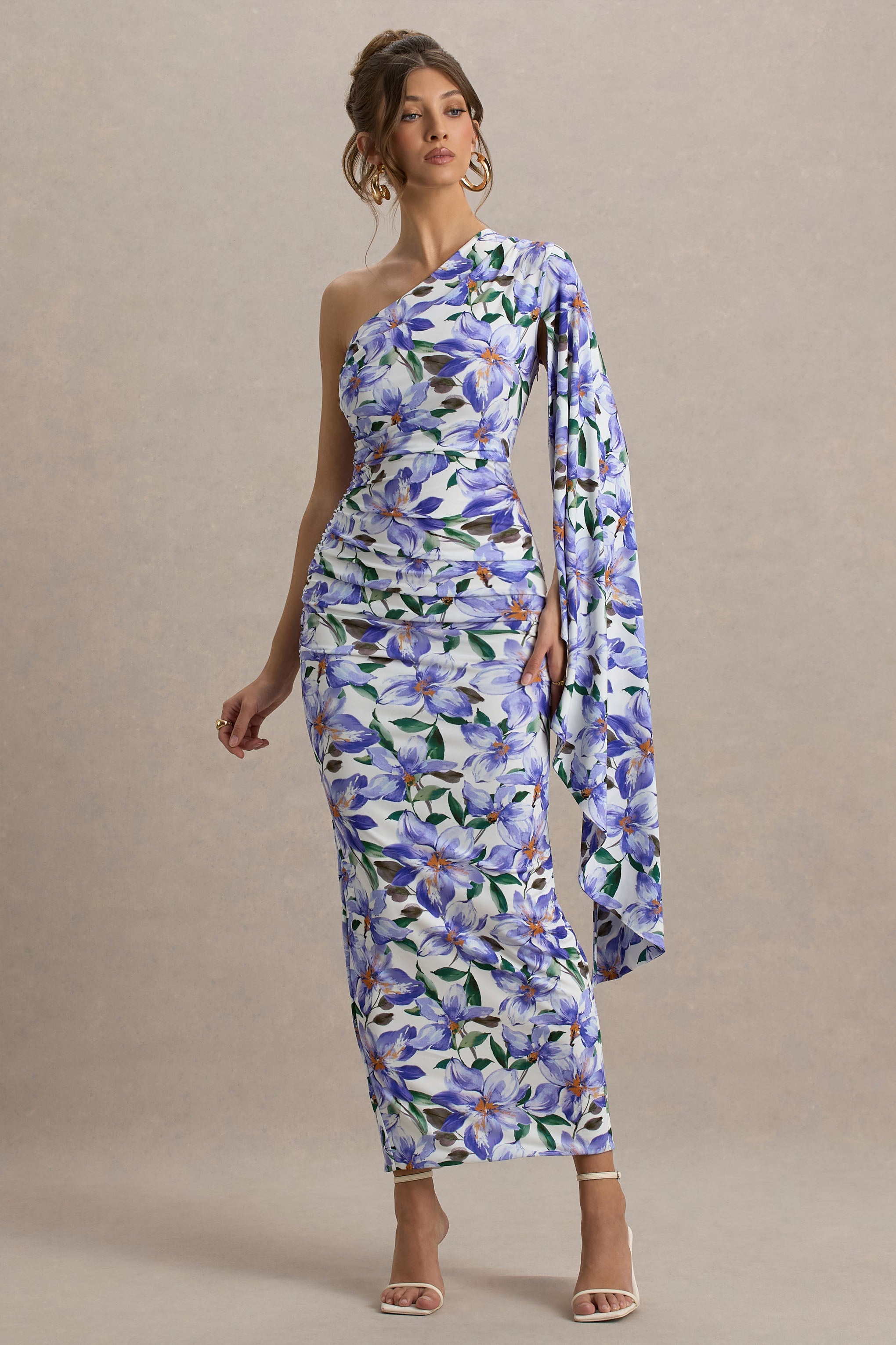 Clementina | Purple Lily Print Asymmetric Cape Sleeve Maxi Dress