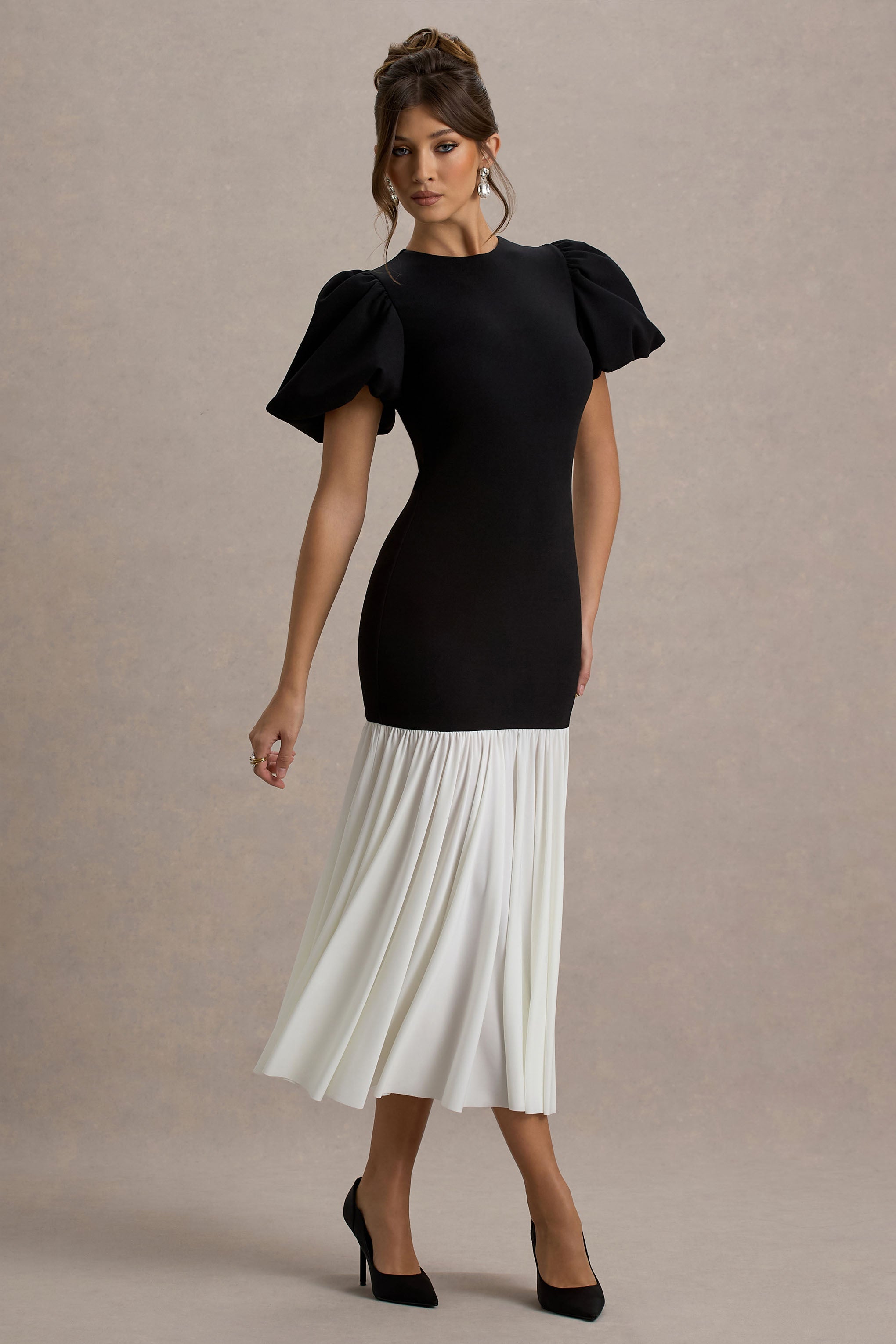 Cinzia | Black & White Puff-Sleeve Volume-Hem Midi Dress