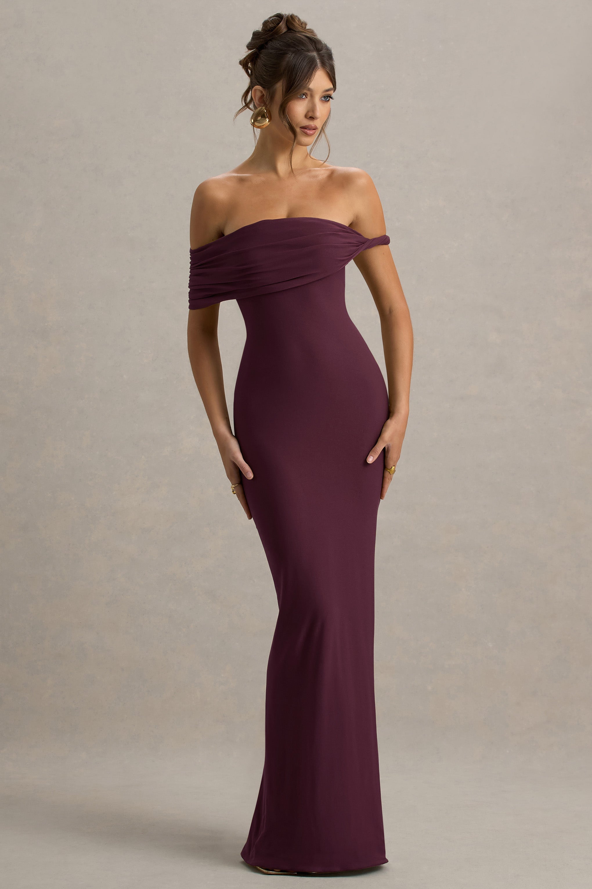 Chloe | Burgundy Twisted Bardot Maxi Dress