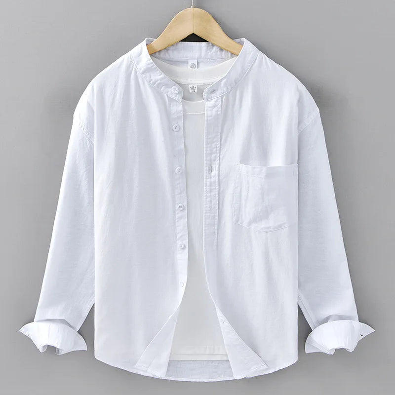 Cotton-Linen Mandarin Collar Shirt – Long-Sleeve