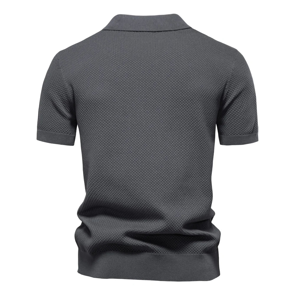 Textured Short Sleeve Polo Shirt with Open Placket Collar
