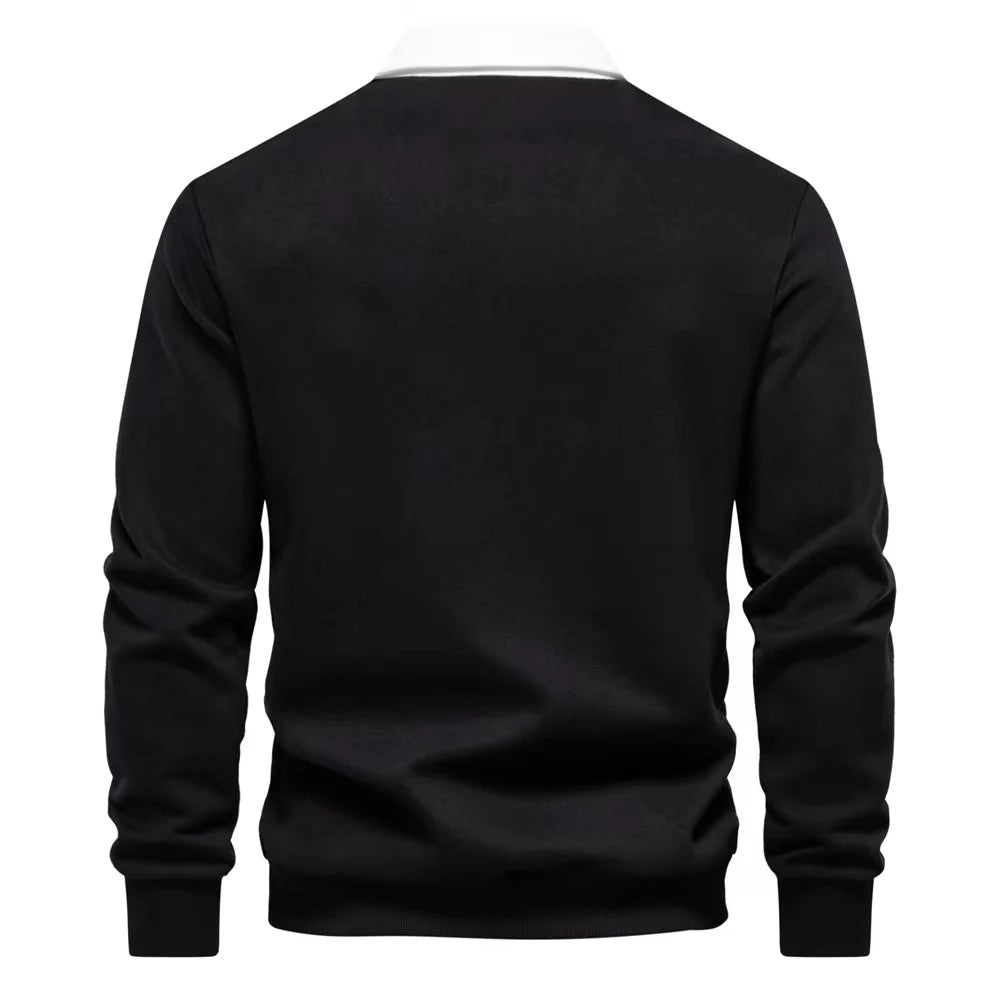 Cotton Blend Pullover Sweatshirt with Polo Neck