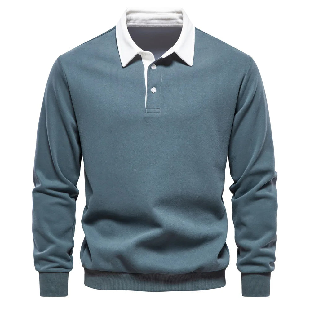 Cotton Blend Pullover Sweatshirt with Polo Neck