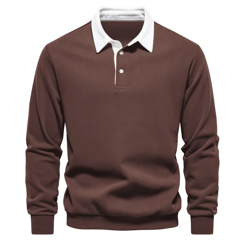 Cotton Blend Pullover Sweatshirt with Polo Neck