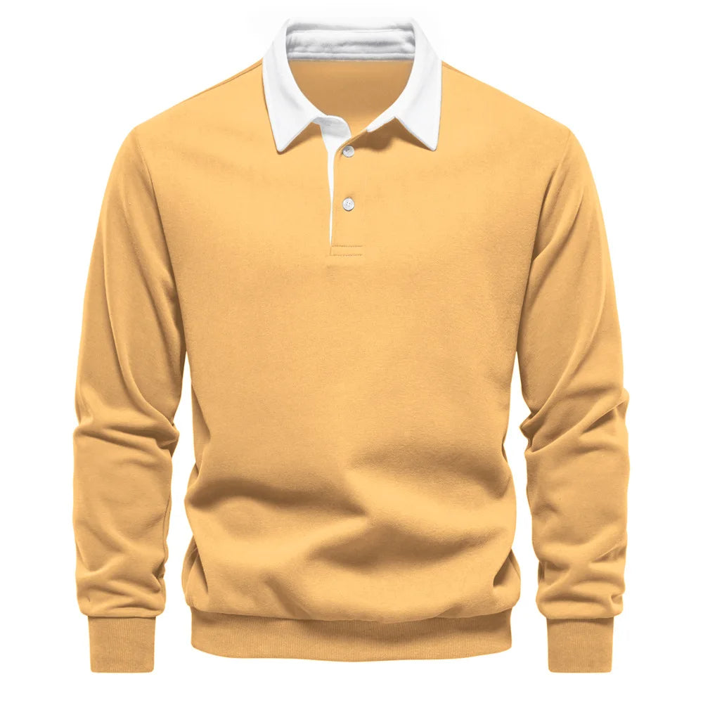 Cotton Blend Pullover Sweatshirt with Polo Neck