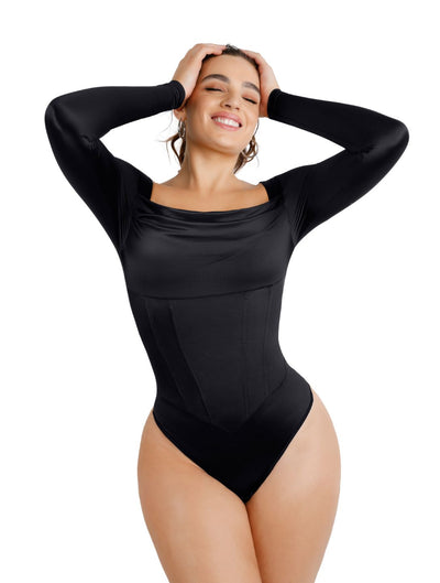 Marlowe & Co | Waterfall Neckline Satin Bodysuit