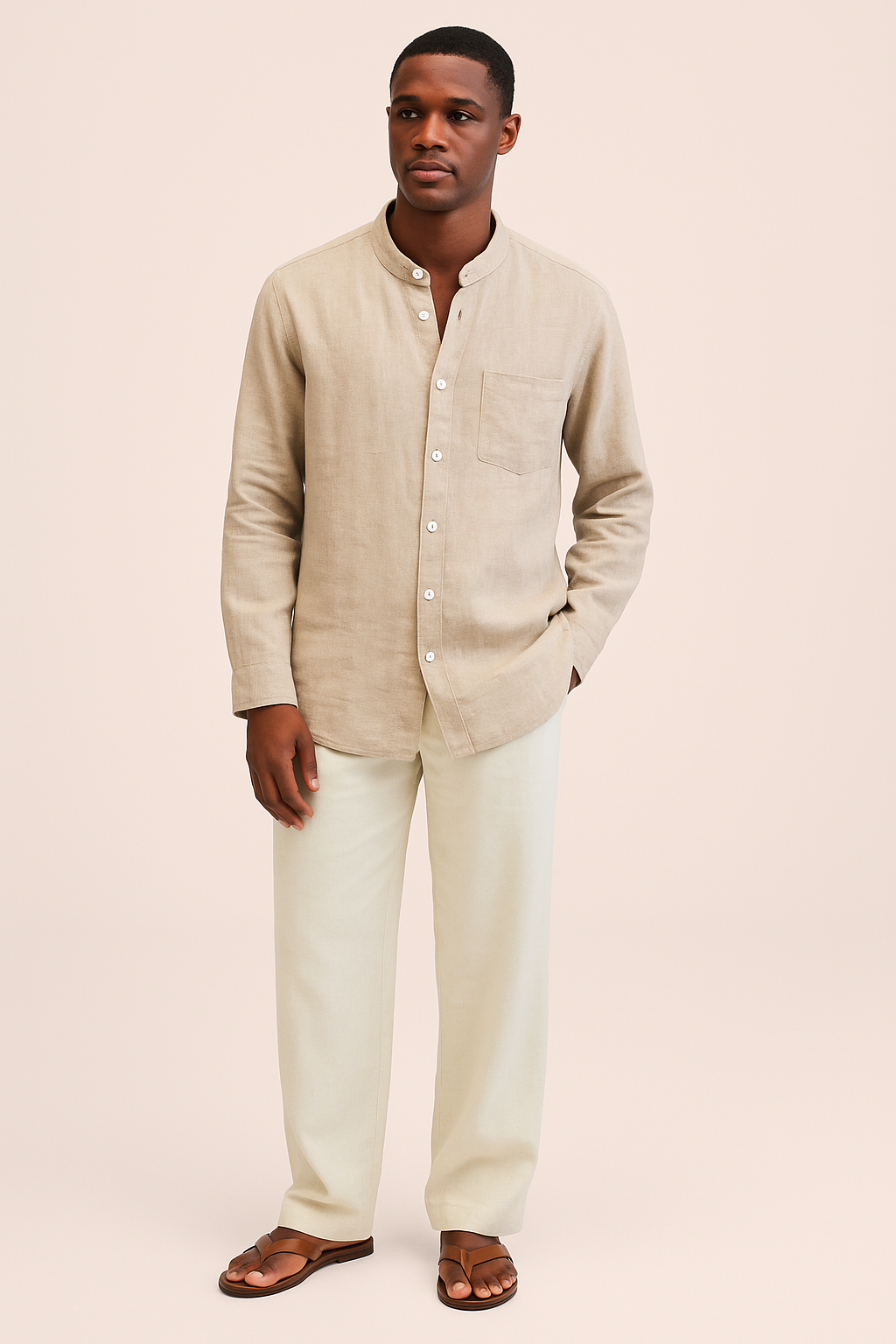 Cotton-Linen Mandarin Collar Shirt – Long-Sleeve