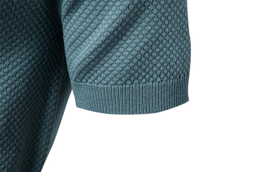 Textured Short Sleeve Polo Shirt with Open Placket Collar