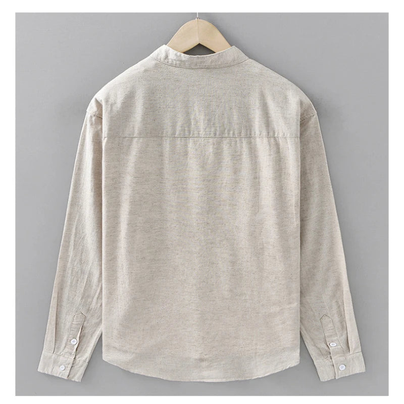 Cotton-Linen Mandarin Collar Shirt – Long-Sleeve