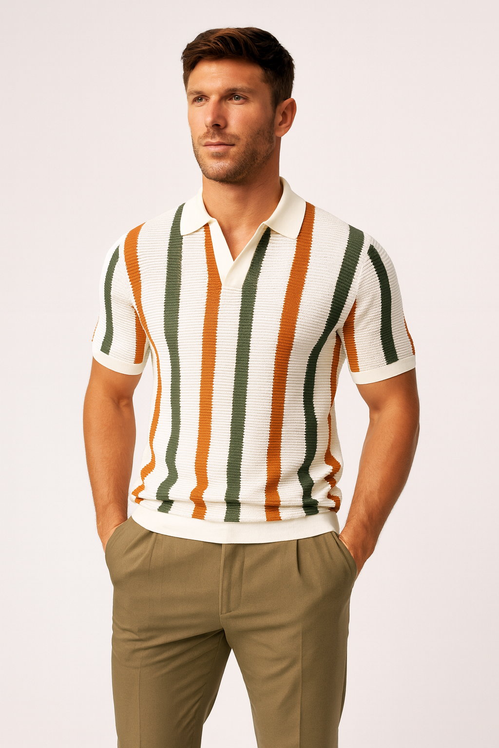 Ribbed Knit Polo Shirt Breathable Striped Casual