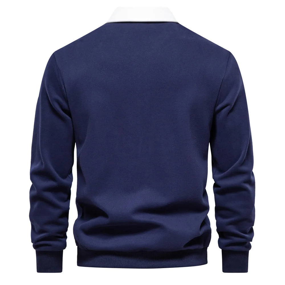 Cotton Blend Pullover Sweatshirt with Polo Neck