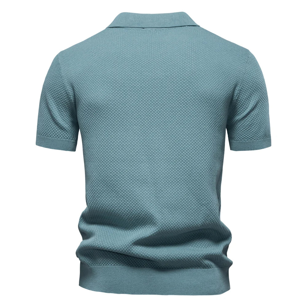 Textured Short Sleeve Polo Shirt with Open Placket Collar