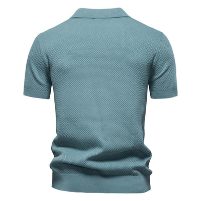 Textured Short Sleeve Polo Shirt with Open Placket Collar