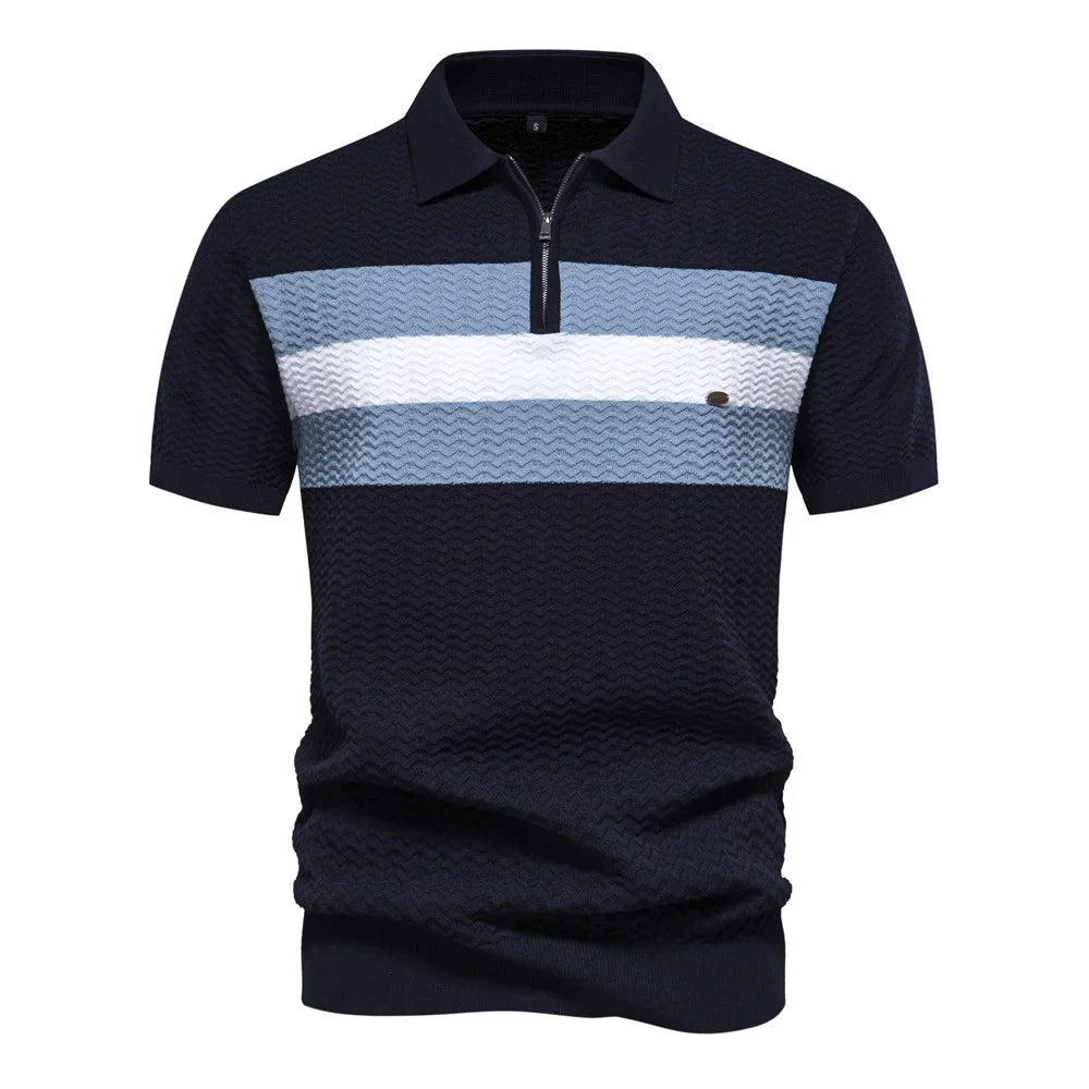 Striped Half Zip Polo Shirt in Short Sleeve