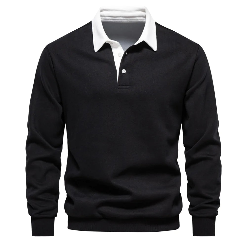 Cotton Blend Pullover Sweatshirt with Polo Neck