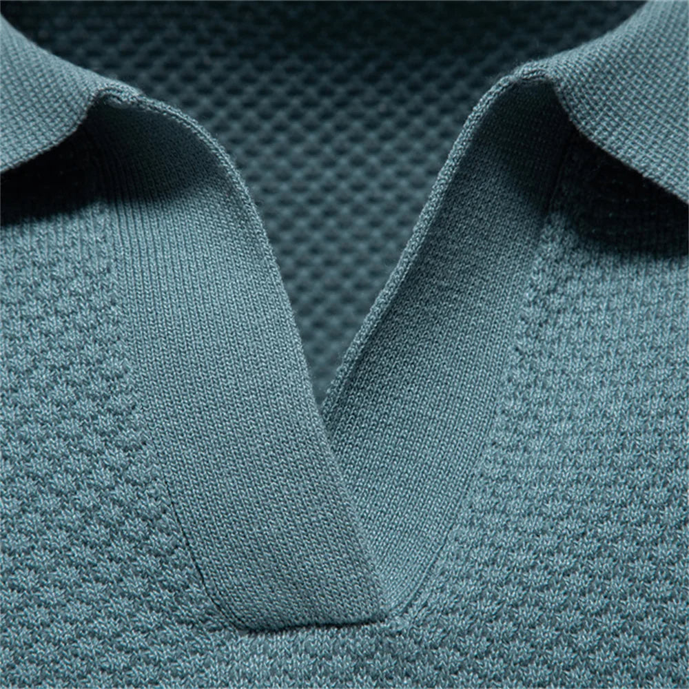 Textured Short Sleeve Polo Shirt with Open Placket Collar