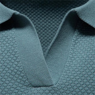 Textured Short Sleeve Polo Shirt with Open Placket Collar