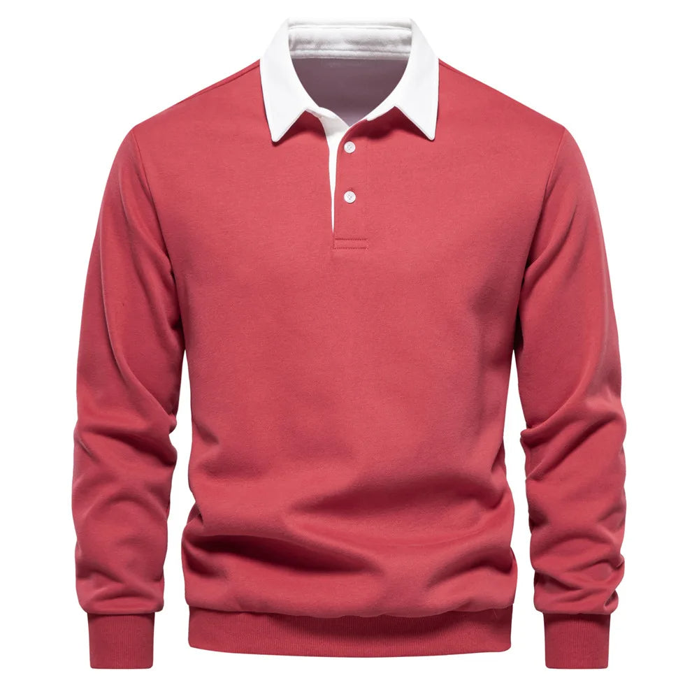 Cotton Blend Pullover Sweatshirt with Polo Neck