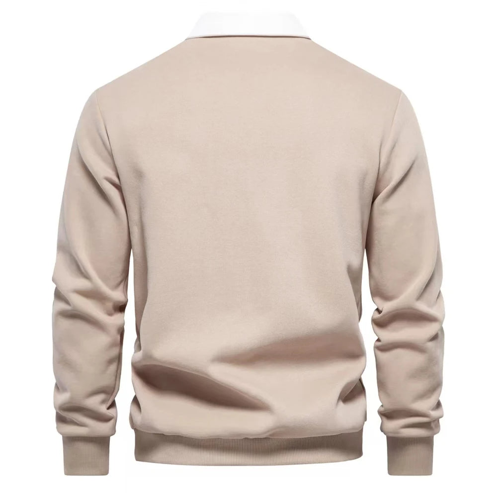 Cotton Blend Pullover Sweatshirt with Polo Neck