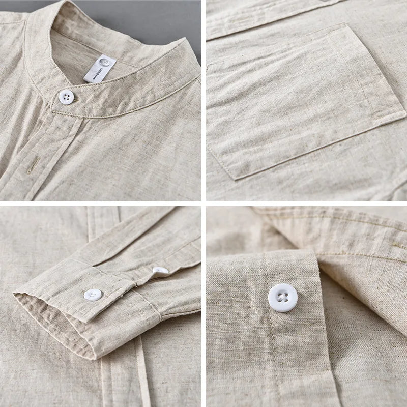 Cotton-Linen Mandarin Collar Shirt – Long-Sleeve