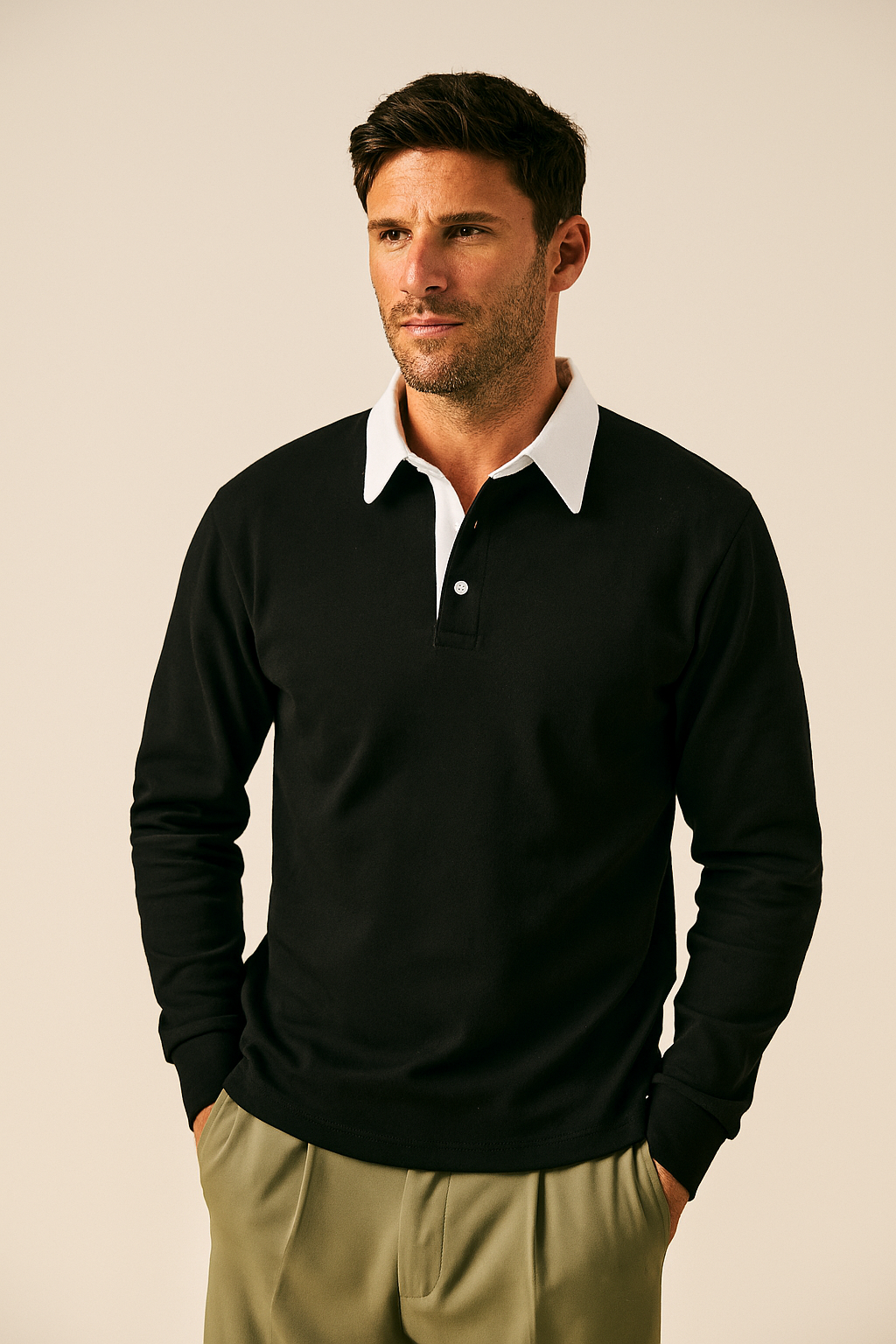 Cotton Blend Pullover Sweatshirt with Polo Neck