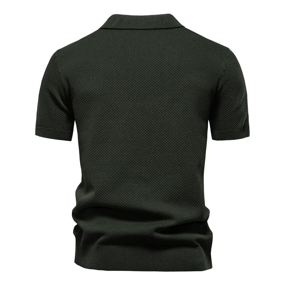 Textured Short Sleeve Polo Shirt with Open Placket Collar