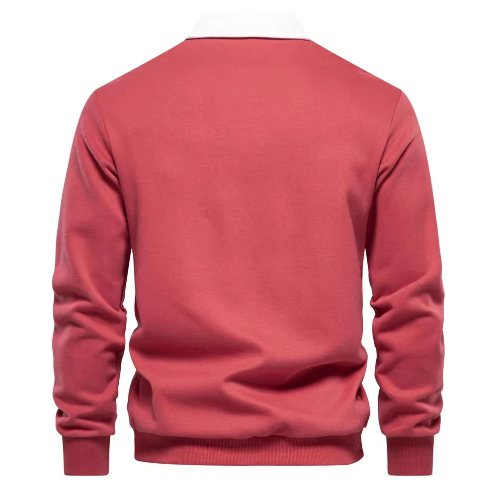 Cotton Blend Pullover Sweatshirt with Polo Neck