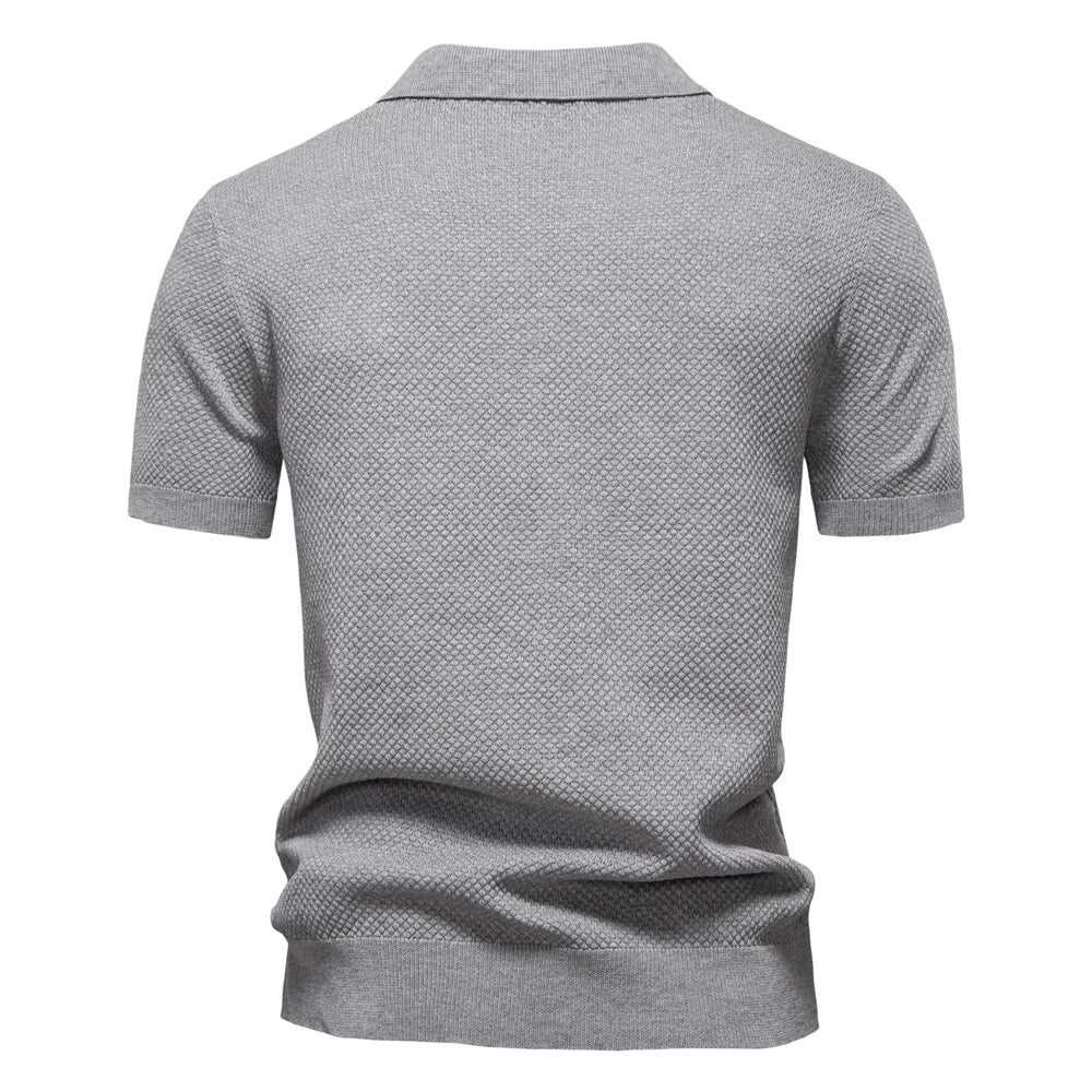 Textured Short Sleeve Polo Shirt with Open Placket Collar